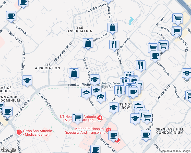 map of restaurants, bars, coffee shops, grocery stores, and more near 8602 Cinnamon Creek Drive in San Antonio