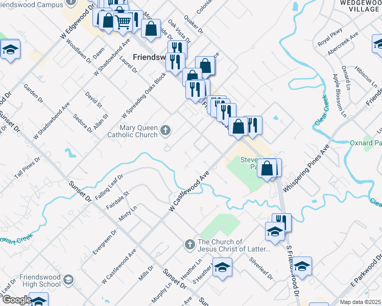 map of restaurants, bars, coffee shops, grocery stores, and more near 207 Ron Circle in Friendswood