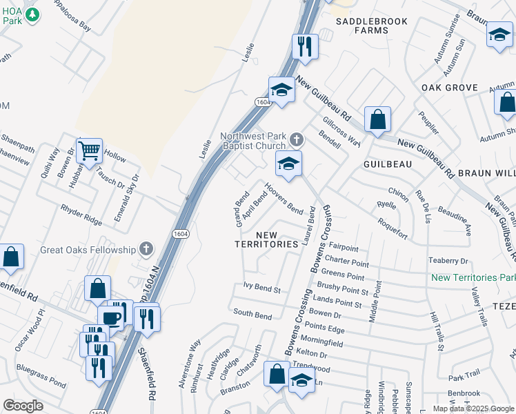 map of restaurants, bars, coffee shops, grocery stores, and more near 8113 April Bend in San Antonio