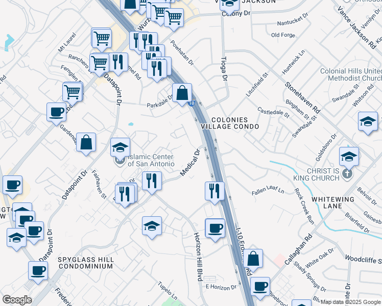 map of restaurants, bars, coffee shops, grocery stores, and more near 3635 Medical Drive in San Antonio