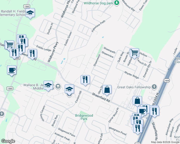 map of restaurants, bars, coffee shops, grocery stores, and more near 10735 North Shaenridge in San Antonio