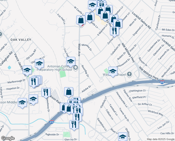 map of restaurants, bars, coffee shops, grocery stores, and more near 96 Roundup Drive in San Antonio