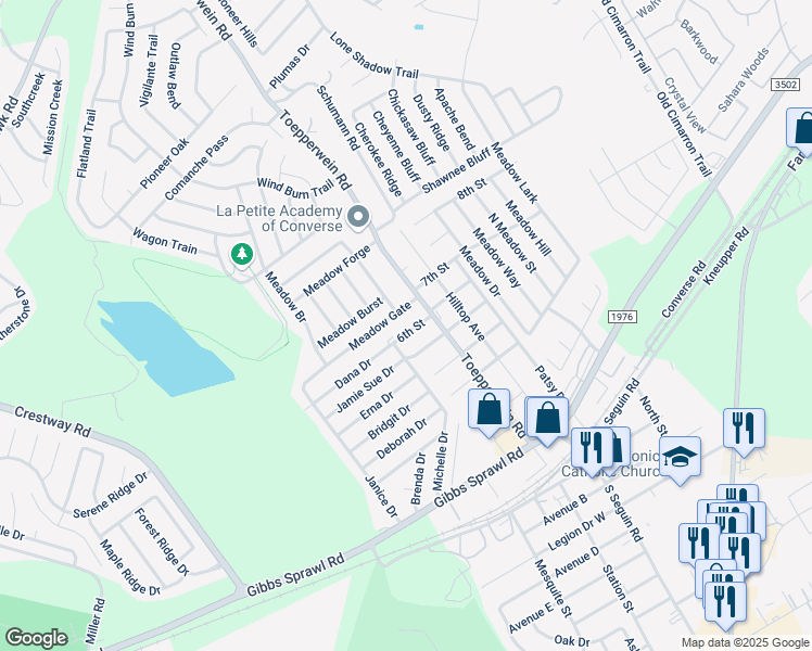 map of restaurants, bars, coffee shops, grocery stores, and more near 701 Toepperwein Road in Converse