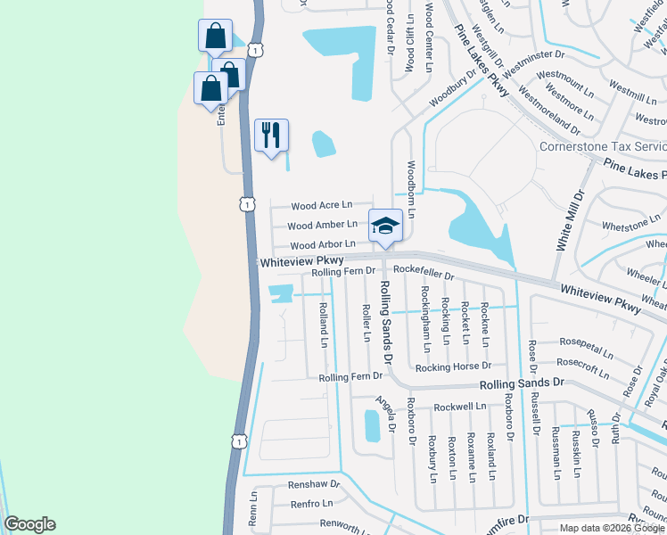 map of restaurants, bars, coffee shops, grocery stores, and more near 18 Rolling Fern Drive in Palm Coast