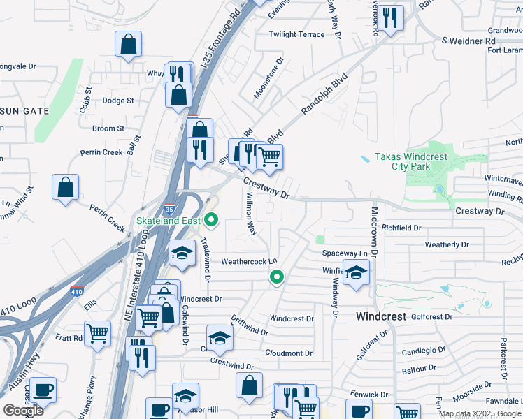 map of restaurants, bars, coffee shops, grocery stores, and more near 9103 Windgarden Circle in San Antonio