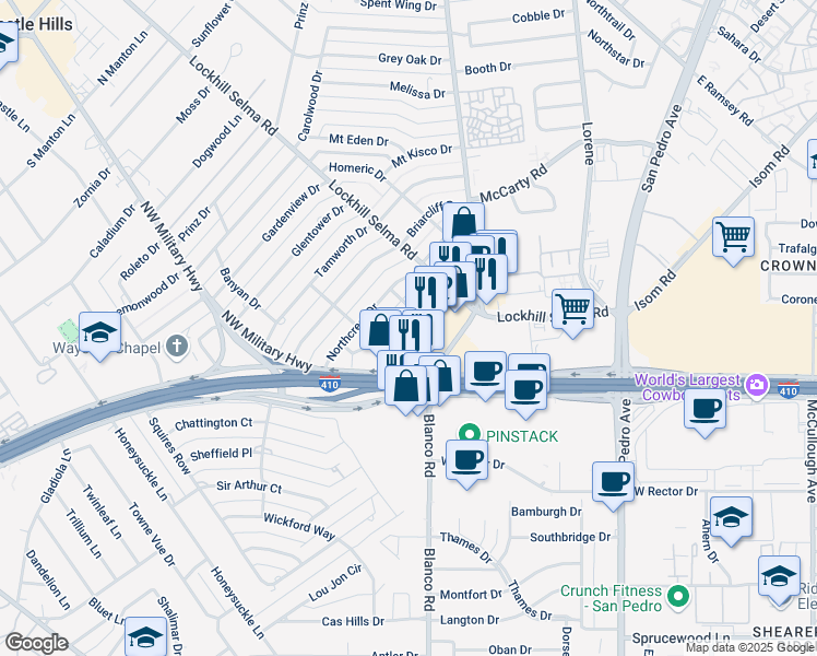 map of restaurants, bars, coffee shops, grocery stores, and more near 214 Halbart Drive in San Antonio