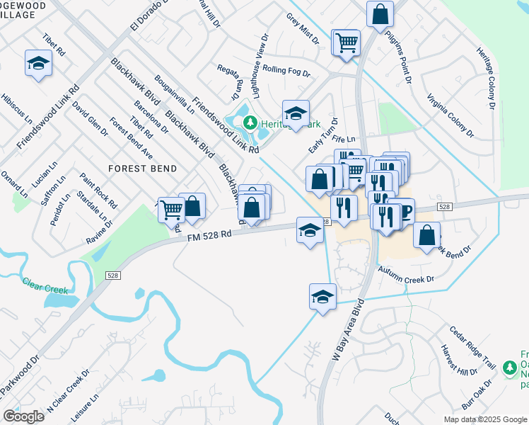 map of restaurants, bars, coffee shops, grocery stores, and more near 17201 Blackhawk Boulevard in Friendswood