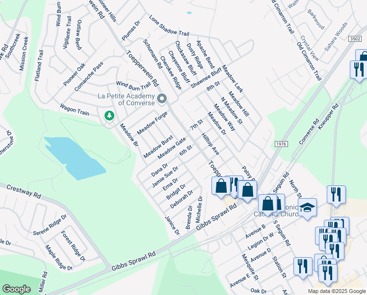 map of restaurants, bars, coffee shops, grocery stores, and more near 701 Toepperwein Road in Converse