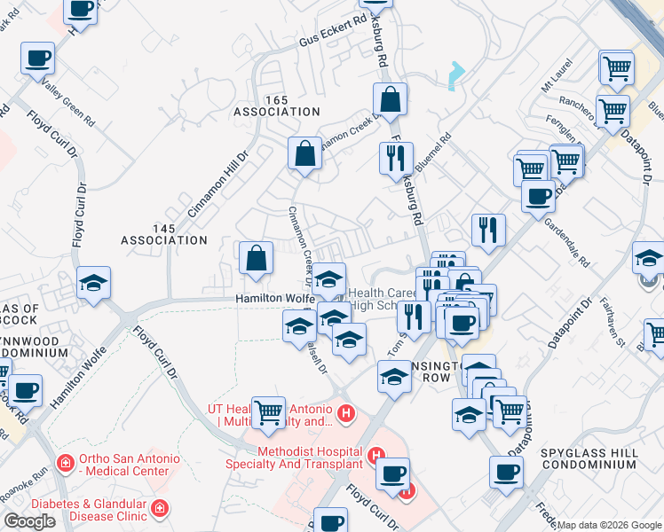 map of restaurants, bars, coffee shops, grocery stores, and more near 8602 Cinnamon Creek Drive in San Antonio
