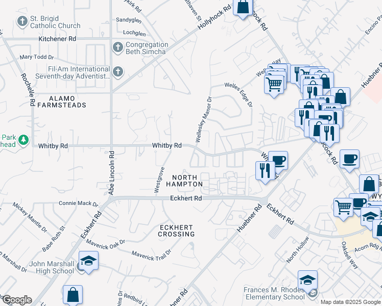 map of restaurants, bars, coffee shops, grocery stores, and more near 8702 Wellesley Manor Drive in San Antonio