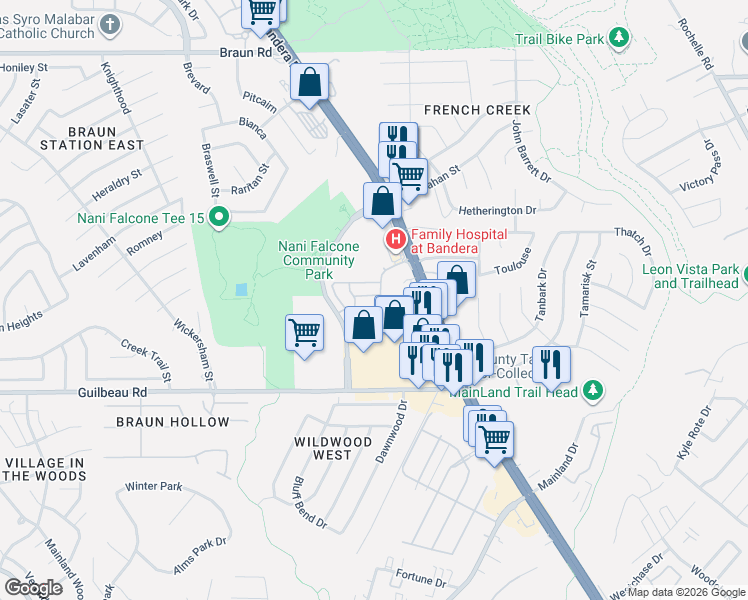 map of restaurants, bars, coffee shops, grocery stores, and more near 86 Kenrock Ridge in San Antonio