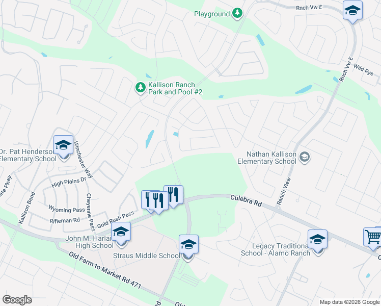 map of restaurants, bars, coffee shops, grocery stores, and more near 14055 Cremello Falls in San Antonio