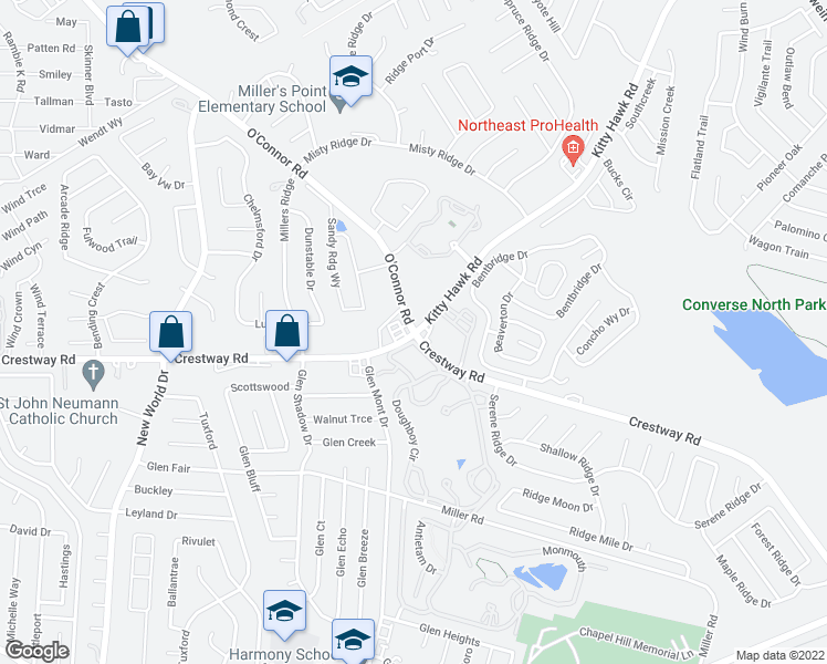 map of restaurants, bars, coffee shops, grocery stores, and more near Kitty Hawk Road in Bexar