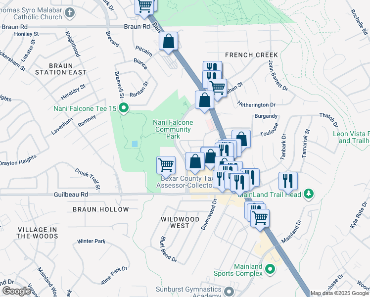 map of restaurants, bars, coffee shops, grocery stores, and more near 35 Kenrock Ridge in San Antonio