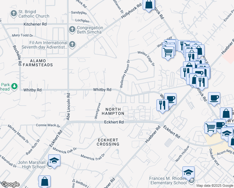 map of restaurants, bars, coffee shops, grocery stores, and more near 8702 Wellesley Manor Drive in San Antonio