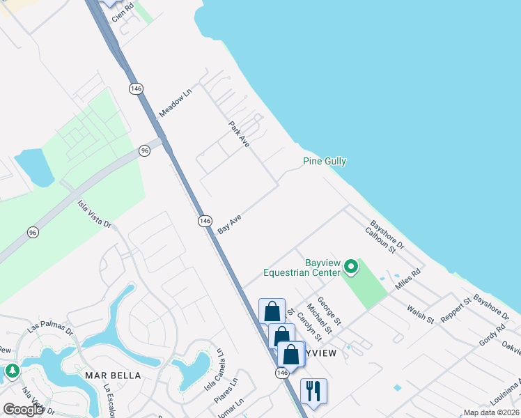map of restaurants, bars, coffee shops, grocery stores, and more near 401 Bay Avenue in Kemah