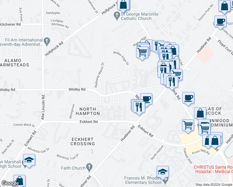 map of restaurants, bars, coffee shops, grocery stores, and more near 6161 Whitby Road in San Antonio
