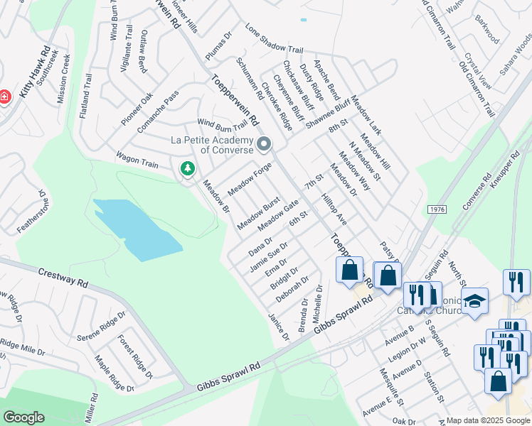 map of restaurants, bars, coffee shops, grocery stores, and more near 804 Meadow Stone in Converse