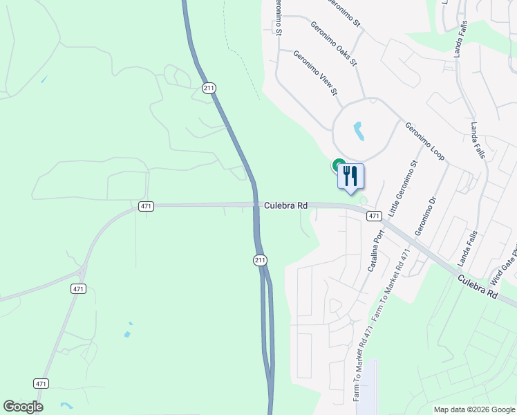 map of restaurants, bars, coffee shops, grocery stores, and more near 15596 Culebra Road in San Antonio