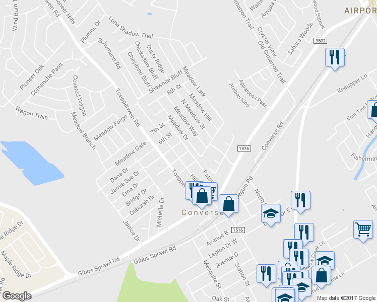 map of restaurants, bars, coffee shops, grocery stores, and more near 501 4th Street West in Converse