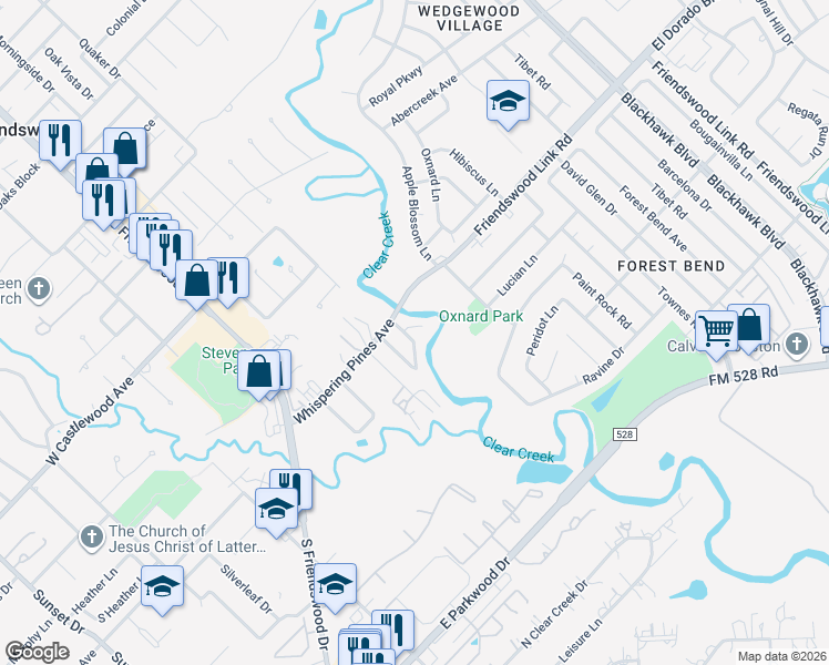 map of restaurants, bars, coffee shops, grocery stores, and more near 1203 Minglewood Lane in Friendswood