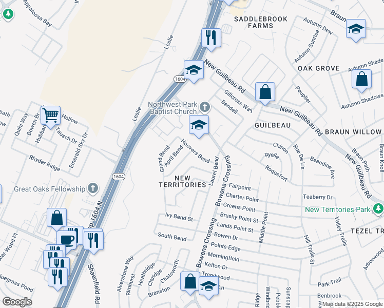 map of restaurants, bars, coffee shops, grocery stores, and more near 8112 Hoovers Bend in San Antonio