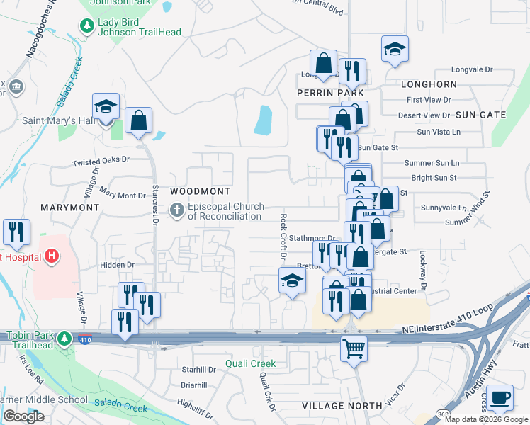 map of restaurants, bars, coffee shops, grocery stores, and more near 4019 Barrington Street in San Antonio