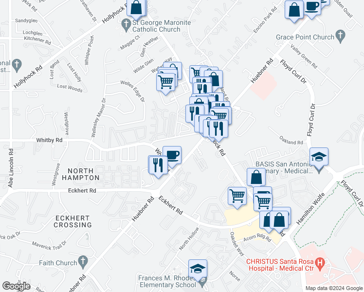 map of restaurants, bars, coffee shops, grocery stores, and more near 8727 Huebner Road in San Antonio