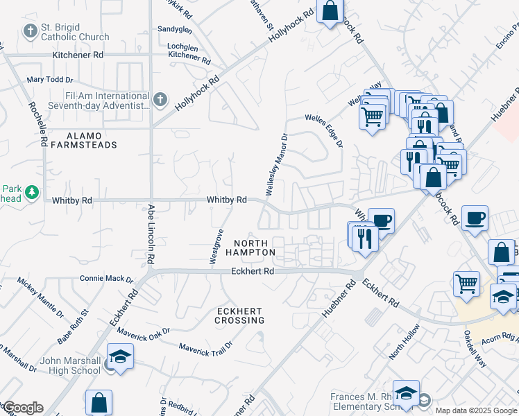 map of restaurants, bars, coffee shops, grocery stores, and more near 8702 Wellesley Manor Drive in San Antonio
