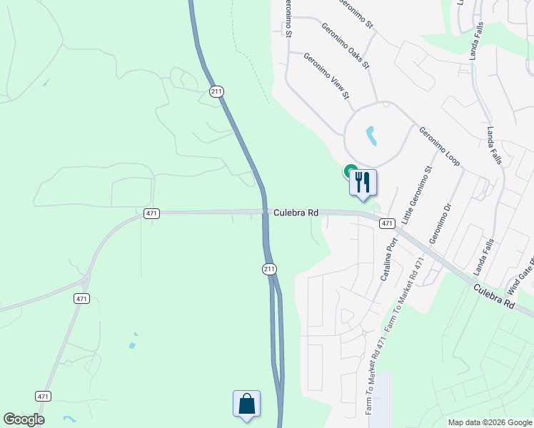 map of restaurants, bars, coffee shops, grocery stores, and more near 15596 Culebra Road in San Antonio