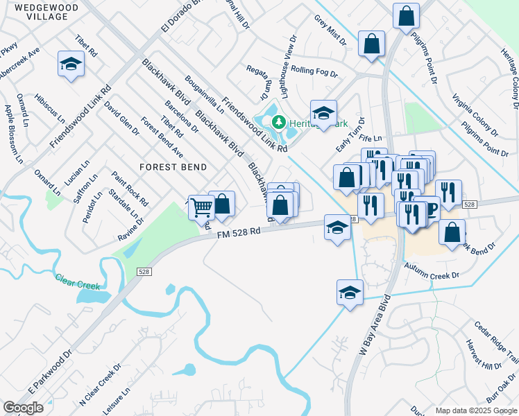 map of restaurants, bars, coffee shops, grocery stores, and more near 17232 Blackhawk Boulevard in Friendswood