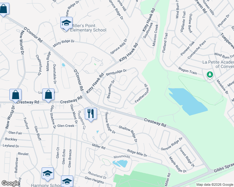 map of restaurants, bars, coffee shops, grocery stores, and more near 247 Bentbridge Drive in San Antonio