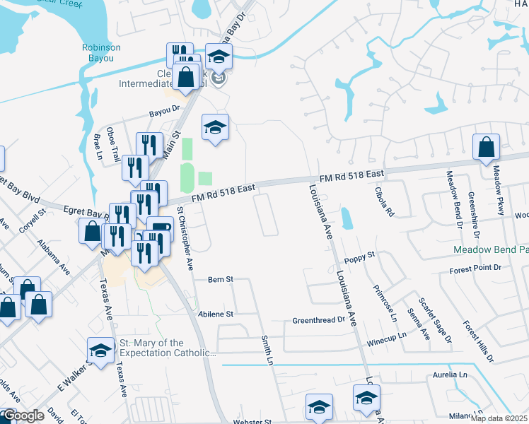 map of restaurants, bars, coffee shops, grocery stores, and more near 2751 Farm to Market Road 518 East in League City