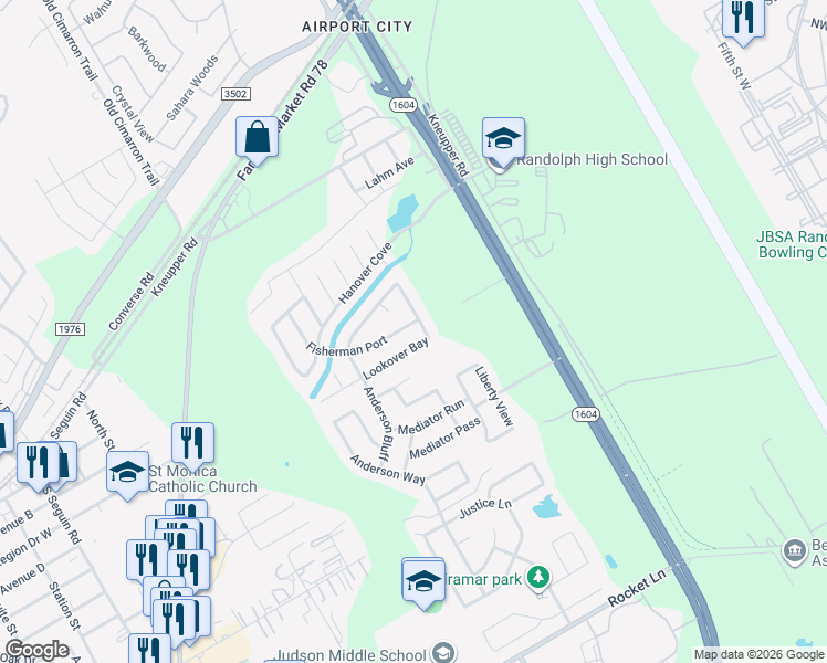 map of restaurants, bars, coffee shops, grocery stores, and more near 9314 Fisherman Port in Converse
