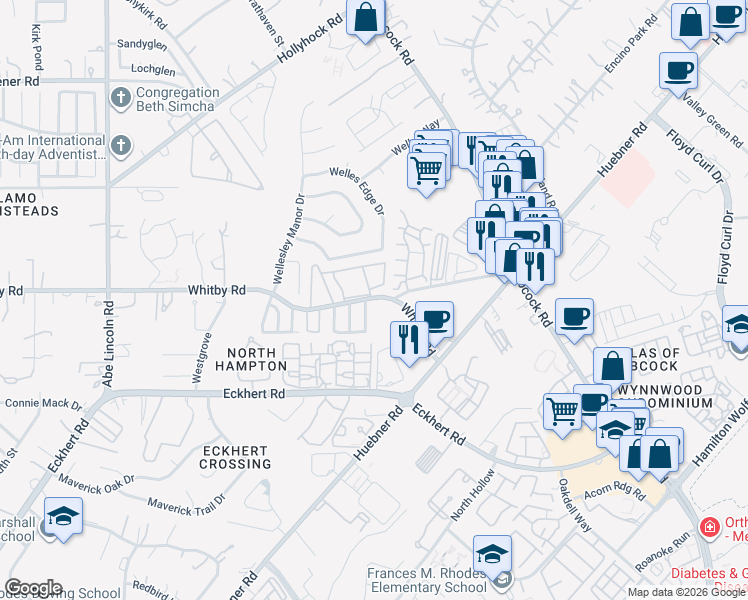 map of restaurants, bars, coffee shops, grocery stores, and more near 6039 Whitby Road in San Antonio