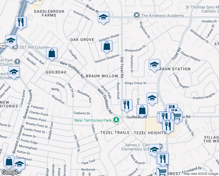 map of restaurants, bars, coffee shops, grocery stores, and more near 9563 Braun Creek in San Antonio