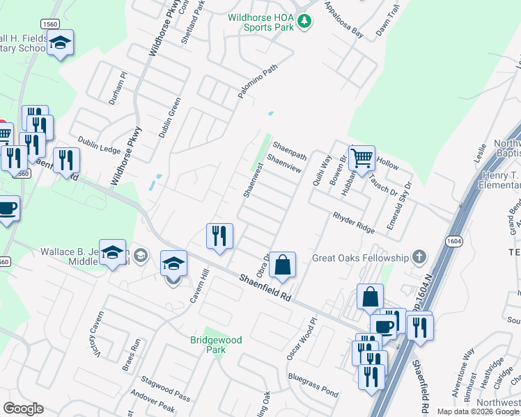 map of restaurants, bars, coffee shops, grocery stores, and more near 10634 Shaencrest in San Antonio