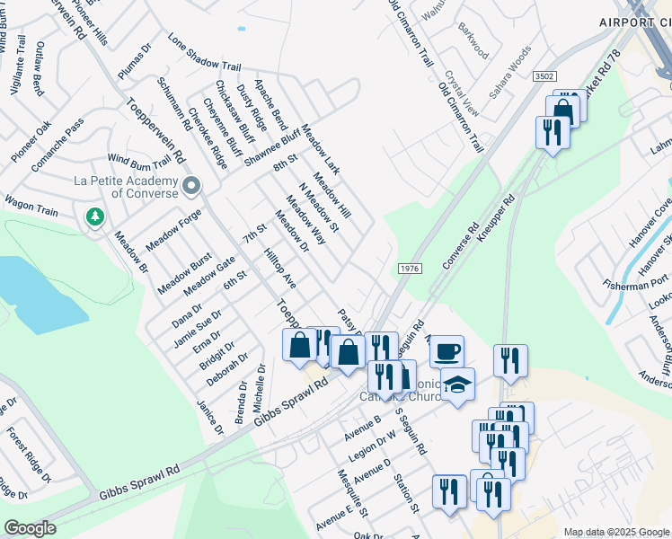 map of restaurants, bars, coffee shops, grocery stores, and more near 103 Meadow Way in Converse
