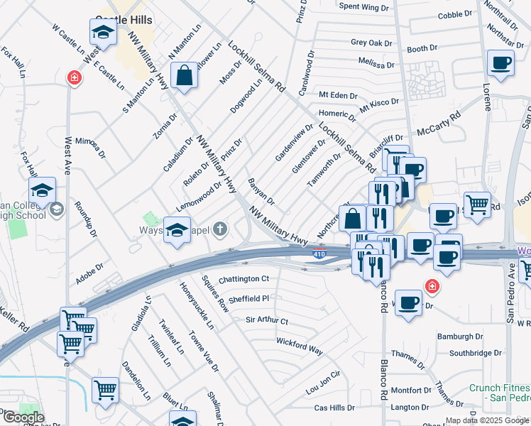 map of restaurants, bars, coffee shops, grocery stores, and more near 100 Glentower Drive in San Antonio