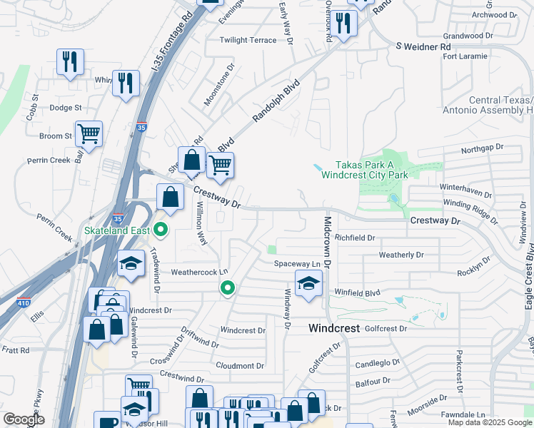 map of restaurants, bars, coffee shops, grocery stores, and more near 325 Westwind Circle in San Antonio