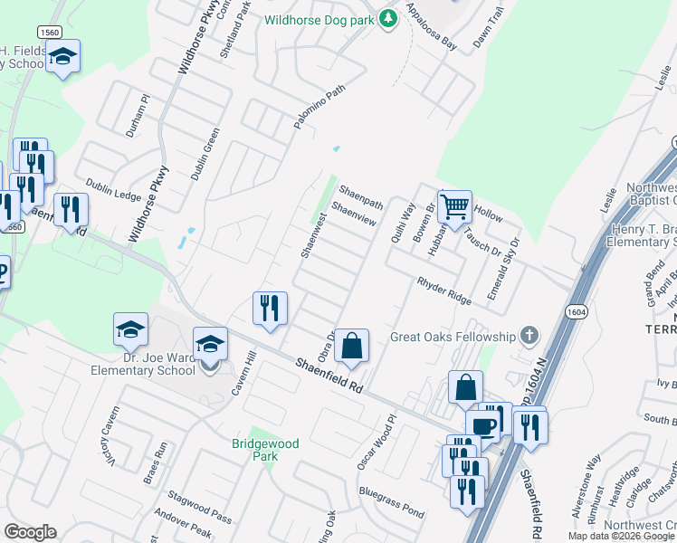 map of restaurants, bars, coffee shops, grocery stores, and more near 10622 Shaencrest in San Antonio