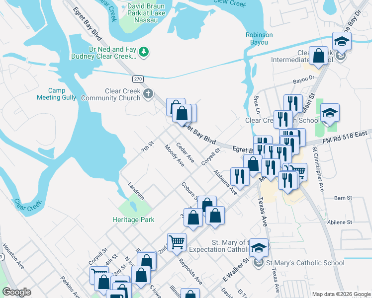 map of restaurants, bars, coffee shops, grocery stores, and more near 522 Cedar Avenue in League City