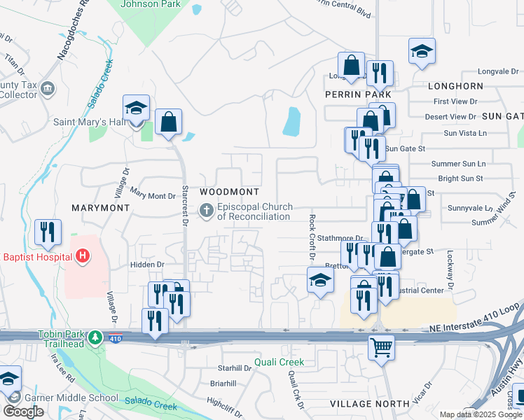 map of restaurants, bars, coffee shops, grocery stores, and more near 3938 Barrington Street in San Antonio