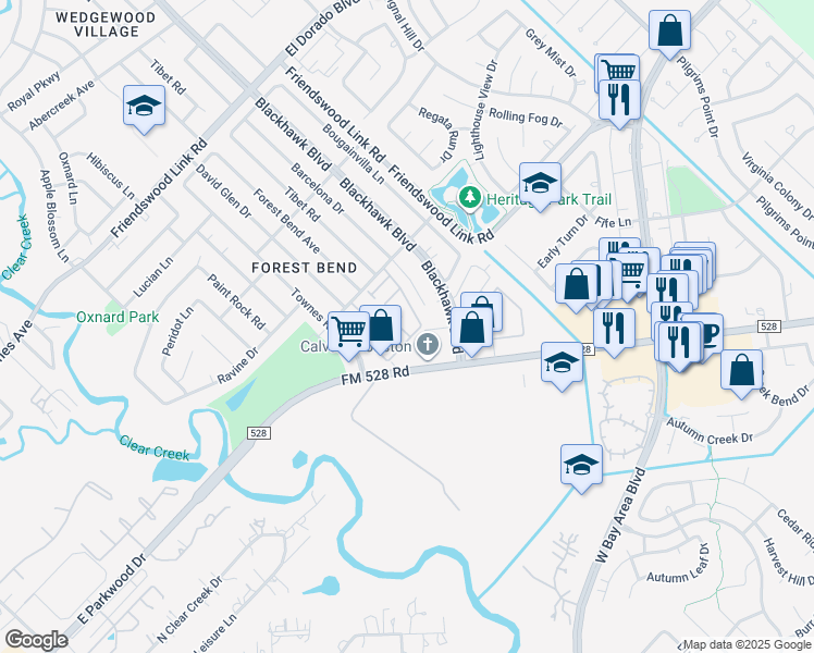 map of restaurants, bars, coffee shops, grocery stores, and more near 3860 Laura Leigh Drive in Friendswood