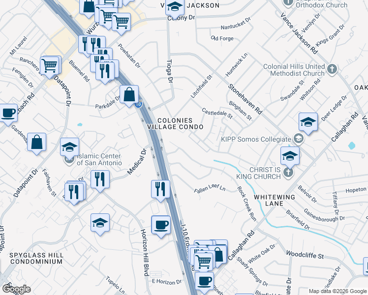 map of restaurants, bars, coffee shops, grocery stores, and more near 3547 Rock Creek Run Street in San Antonio
