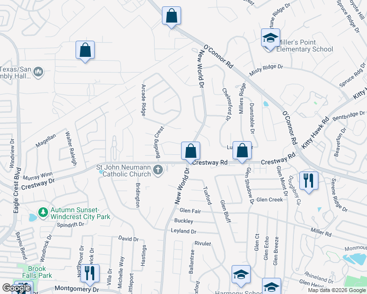 map of restaurants, bars, coffee shops, grocery stores, and more near 6814 Honeyridge Lane in San Antonio