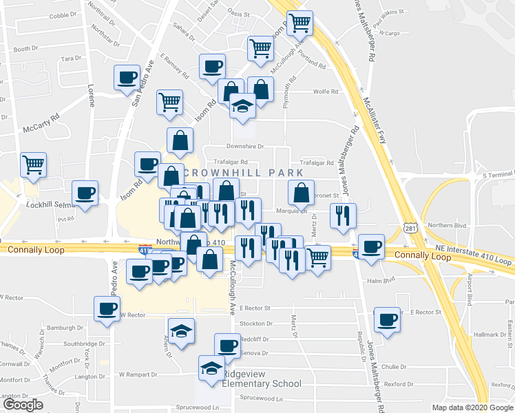 map of restaurants, bars, coffee shops, grocery stores, and more near 407 Marquis Lane in San Antonio
