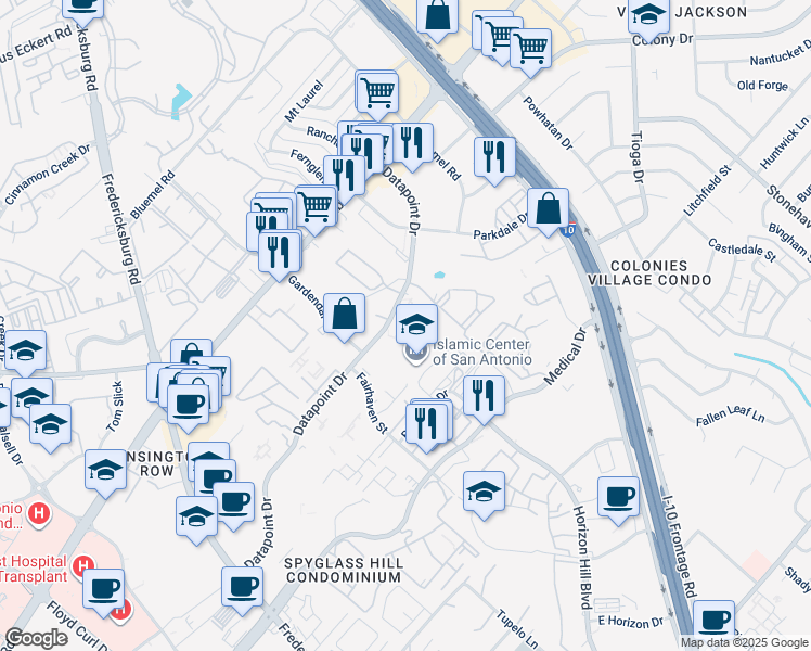 map of restaurants, bars, coffee shops, grocery stores, and more near 17 Datapoint Drive in San Antonio
