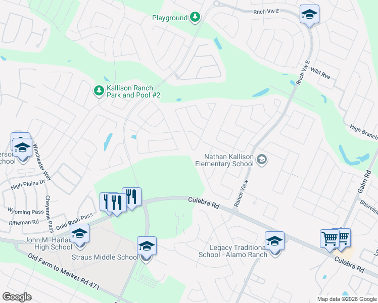 map of restaurants, bars, coffee shops, grocery stores, and more near 8817 Palmetto Falls in San Antonio