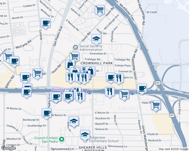 map of restaurants, bars, coffee shops, grocery stores, and more near 303 Marquis Lane in San Antonio